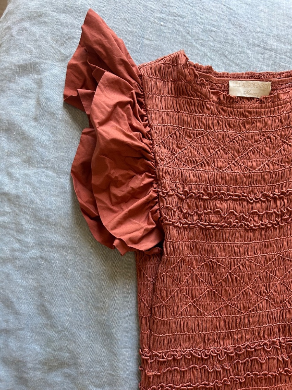 Ulla Johnson Madeline Smocked Flutter Sleeve Cotton Poplin & Jersey Midi Dress - Picture 9 of 15